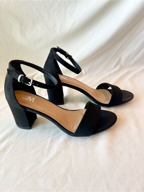 Black Faux Suede Ankle Strap Block Heels